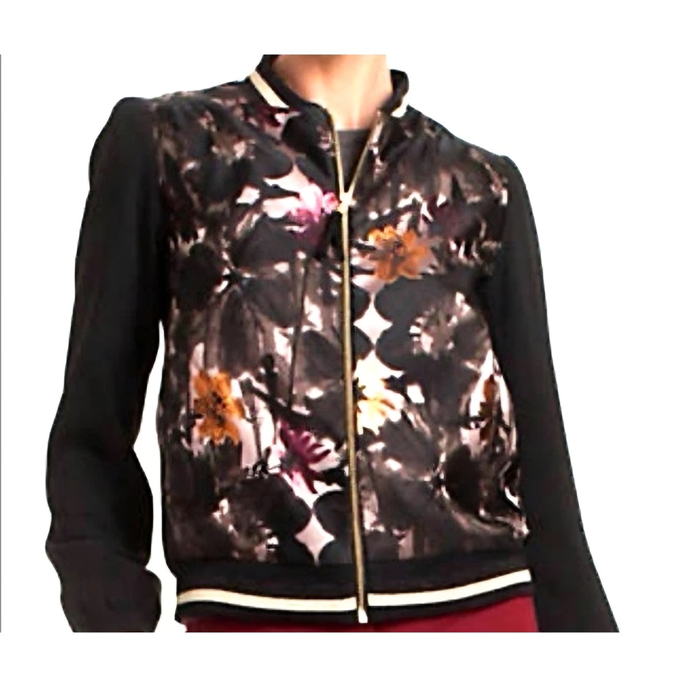 Trina Turk Bomber Jacket Womens L Black Floral Excellent